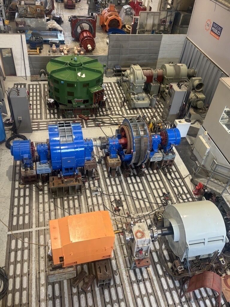 High voltage motor set up on test plate floor for No-Load testing